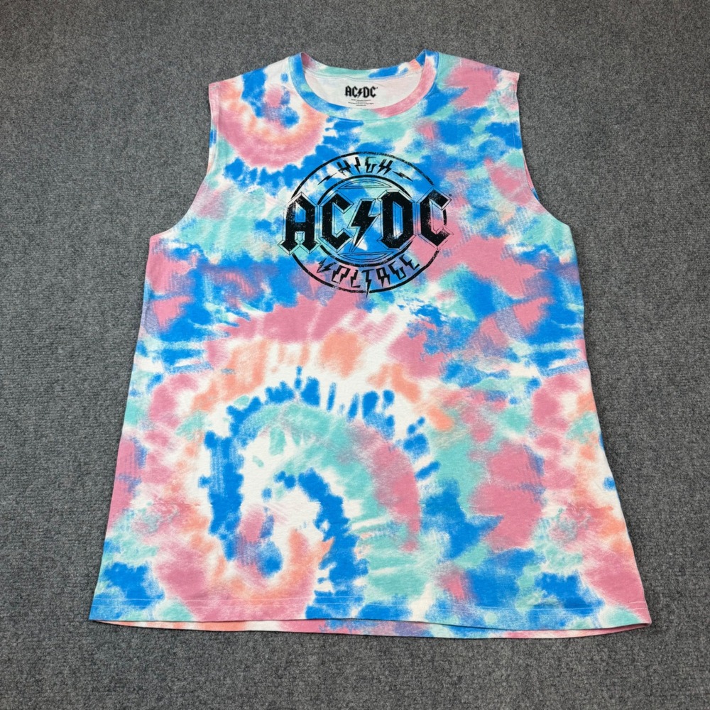 AC/DC High Voltage Tie Dye Muscle Tee Sleeveless Shirt XL Pastel Pink Blue
